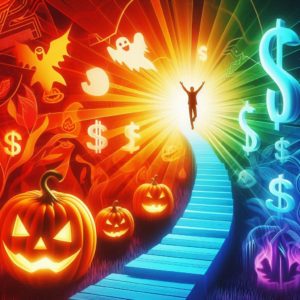 Walking confidently along a bright path, leaving behind Halloween-themed fears, symbolizing the journey to financial freedom through the Legacy Builder Program