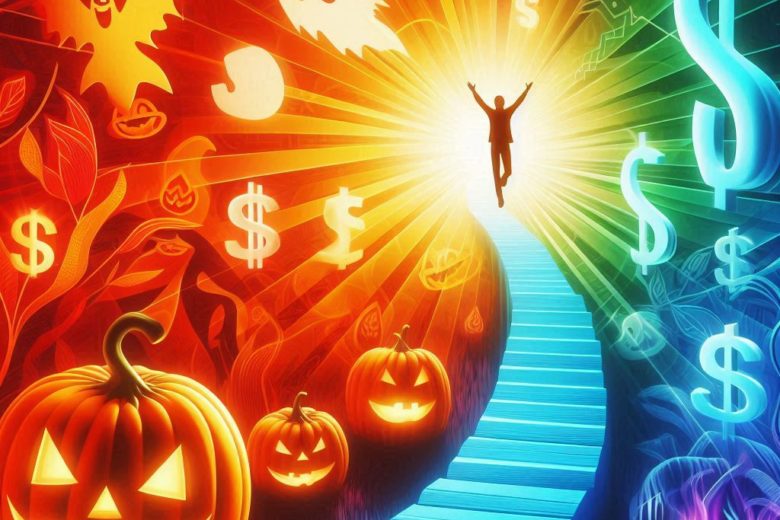 Walking confidently along a bright path, leaving behind Halloween-themed fears, symbolizing the journey to financial freedom through the Legacy Builder Program