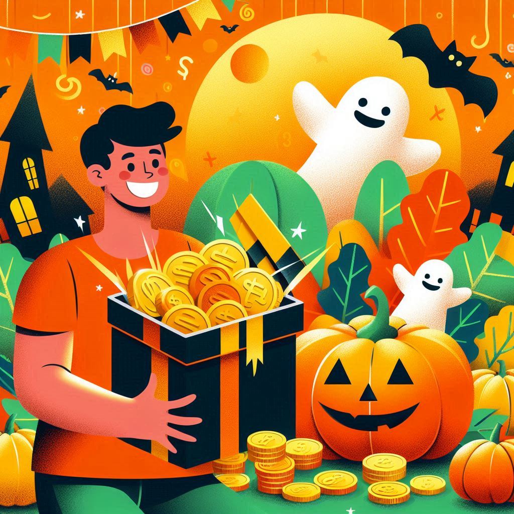 A joyful person unwrapping a treasure chest filled with coins in a Halloween-themed setting, representing the journey to financial freedom