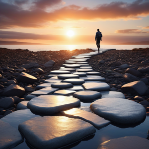 A person climbing rocky stepping stones against a backdrop of a sunrise, symbolizing the journey of overcoming failure and embracing resilience.