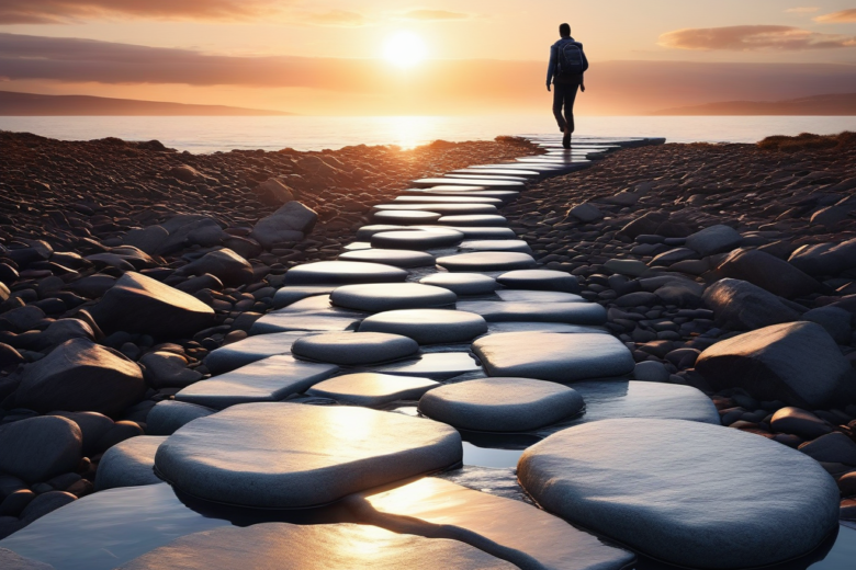 A person climbing rocky stepping stones against a backdrop of a sunrise, symbolizing the journey of overcoming failure and embracing resilience.