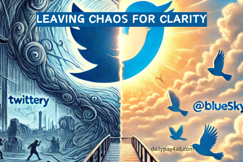 An illustration showing the transition of leaving Twitter for Bluesky, featuring stormy clouds around the Twitter logo and sunny skies for Bluesky.