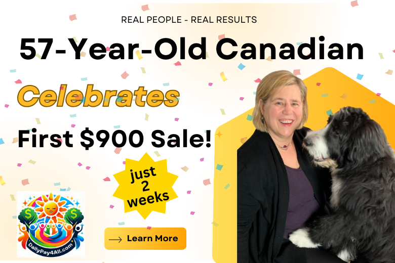 57 year old Canadian woman is happy celebrating her first $900 sale in 2 weeks with Legacy Builder Program