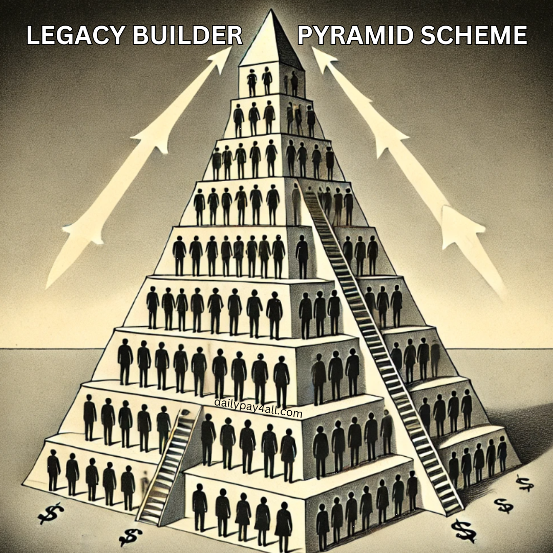 a traditional pyramid scheme structure, where money flows from a large base of participants at the bottom to a few at the top,